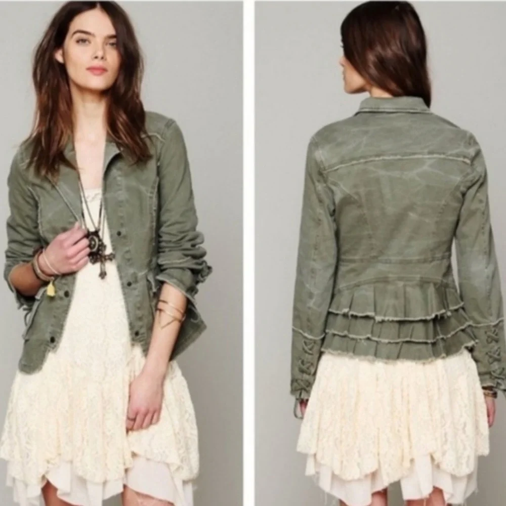 Free People Distressed Army Green Fitted Jacket Size Small - Picture 3 of 10